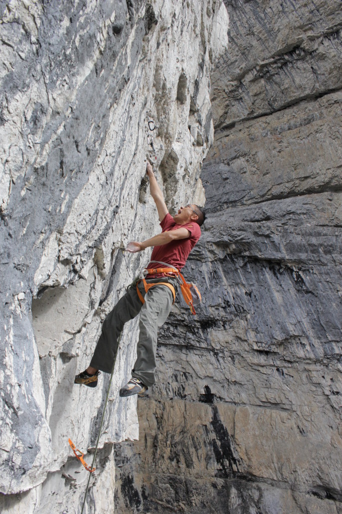 Evan Hau on Queen Bee 5.13d, which he recently made the first ascent of.  Photo Kevin Wilson