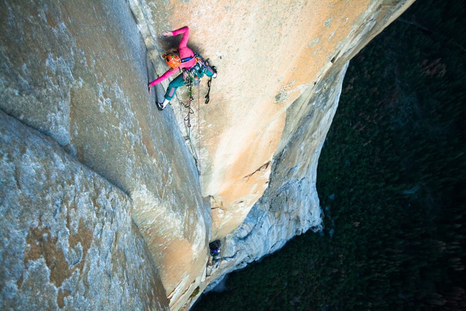 Libby Sauter leading on Salathe Wall on El Cap with Slix Morris belaying during the first female one-day ascent of the classic route.  Photo Chyne Lempe (@Cheynelempe)