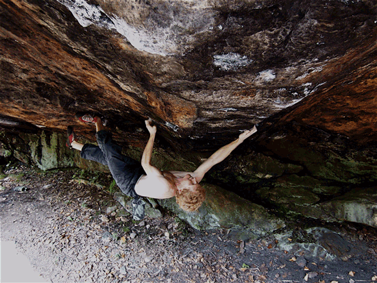 Matt Bosley on Nuclear War V14. Photo Climbing.com