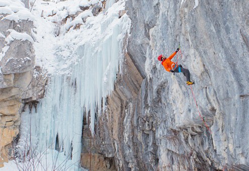 Jean-Pierre Ouellet during his first ever visit to the Canadian Rockies for ice climbing busy flashing an M8+.  Photo Tim Banfield