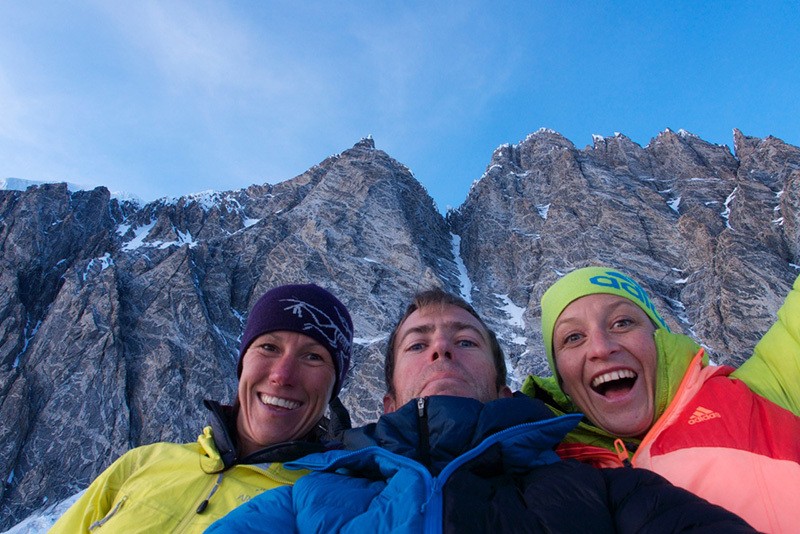 Ines Papert, Paul McSorley and Mayan Smith-Gobat with Mount Waddington behind.  Photo Paul McSorley