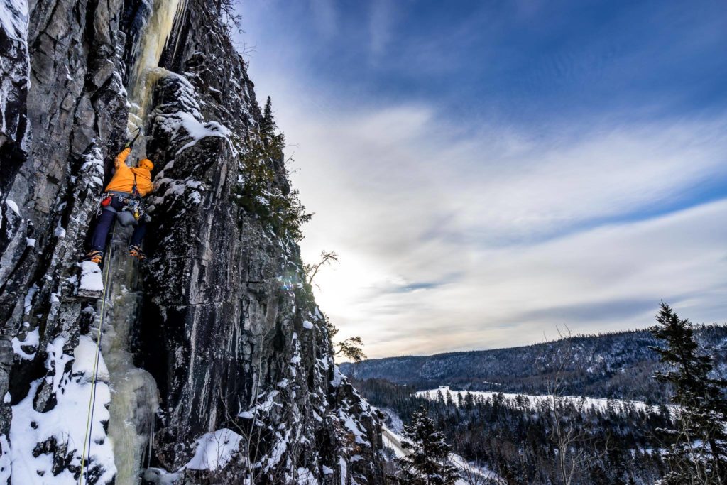 Nick Buda on Plumers Crack, a new thin ice route at Orient Bay in Ontario.  Photo Bryce Brown