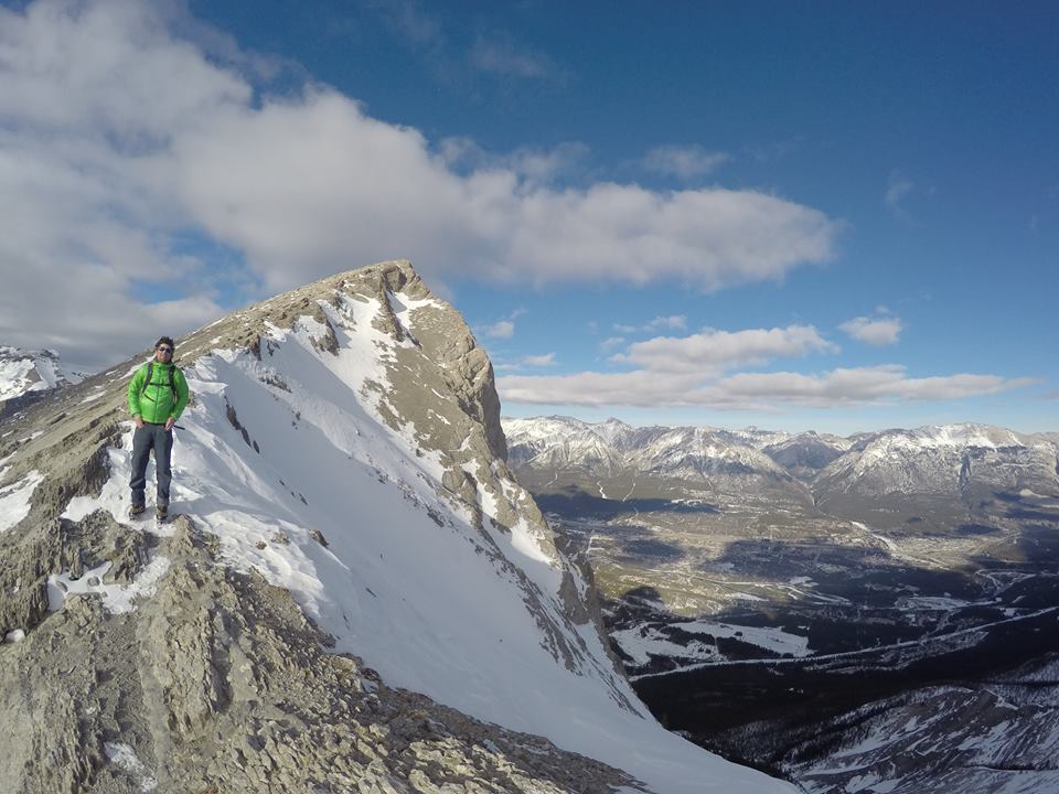 Gripeed's editor wearing the RAB Xenon X Hoodie on a windy scramble up Ha Ling. Photo Gaby James