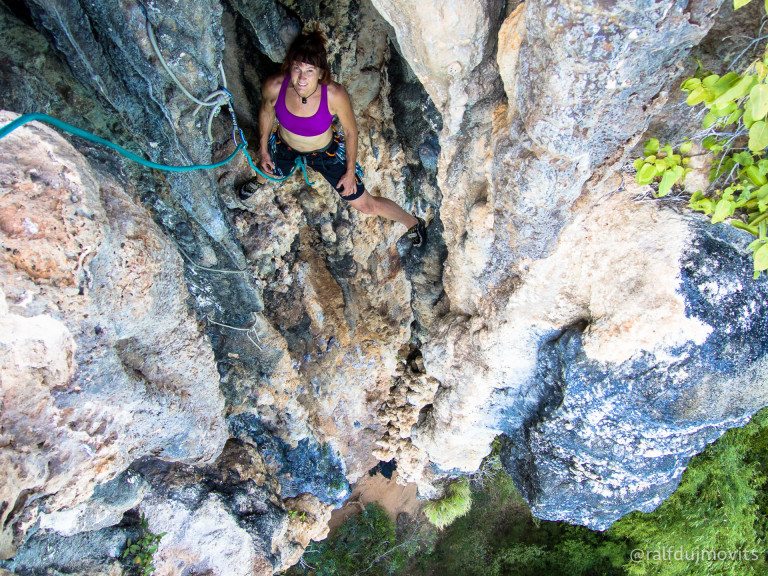 Nancy Hansen climbing in Koh Yao Noi. "Climbers rarely go to Koh Yao Noi because the approach to the climbs involves a one-hour 'four wheel drive' scooter ride and a half hour walk. It’s completely worth it." Photo Ralf Dujmovits