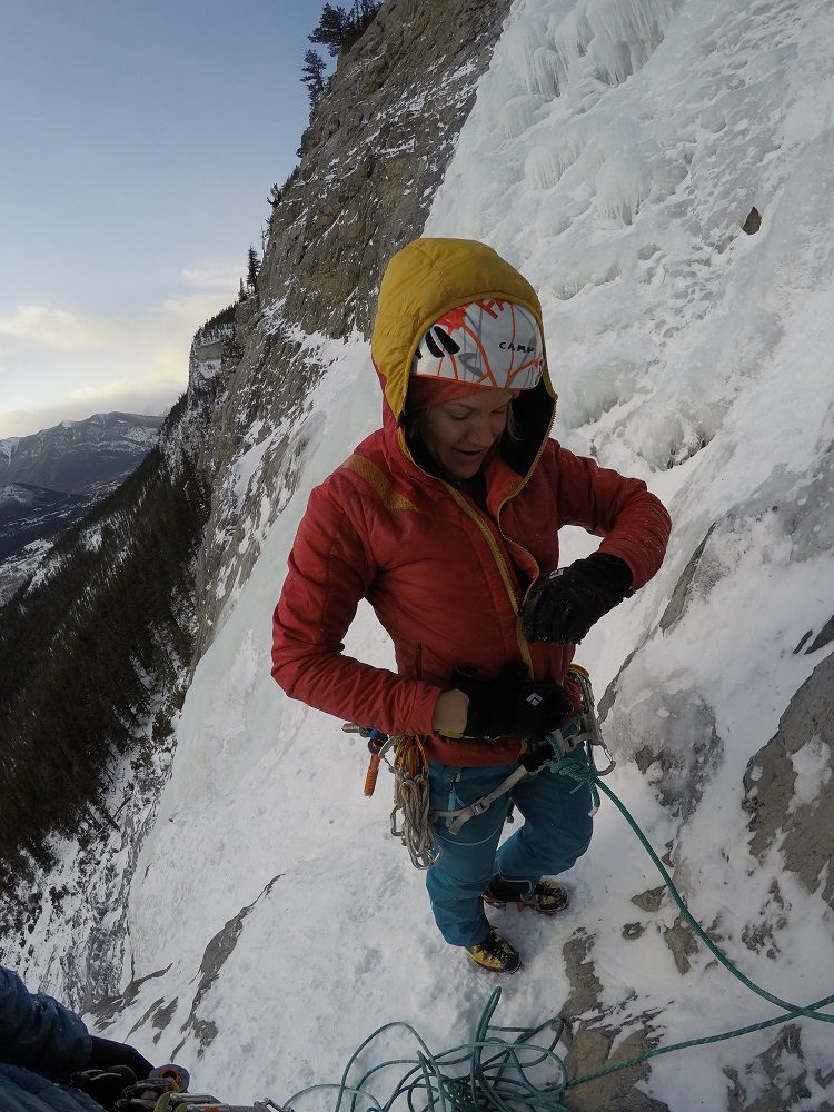 Anna Pfaff climbing in the Canadian Rockies. Photo Brandon Pullan