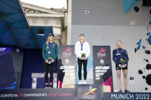 Janja Garnbret, Jessica Pilz, and Manon Hily on the podium at the European Championships