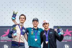 Adam Ondra, Jakob Schubert, and Alberto Ginés López at 2022 European Championships